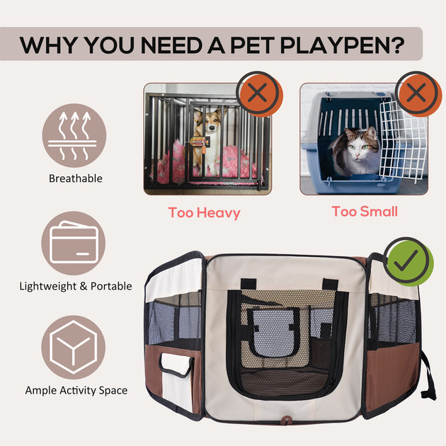 PawHut Portable Cat Dog Playpen Pet Puppy Rabbit Guinea Pig Pen Run Dia 90 X 41H Cm Indoor & Outdoor Brown