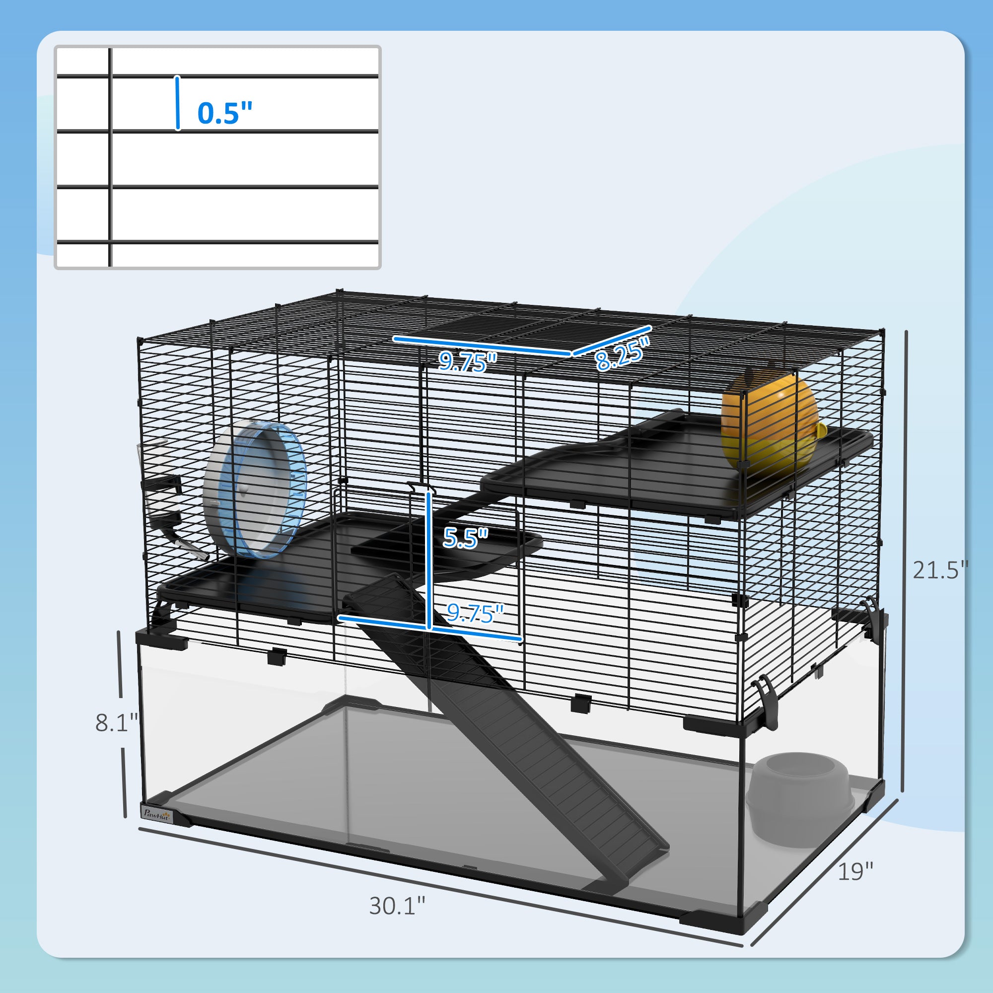 31" Hamster Cage, Gerbil Cage with Glass Basin for Small Hamsters, Black