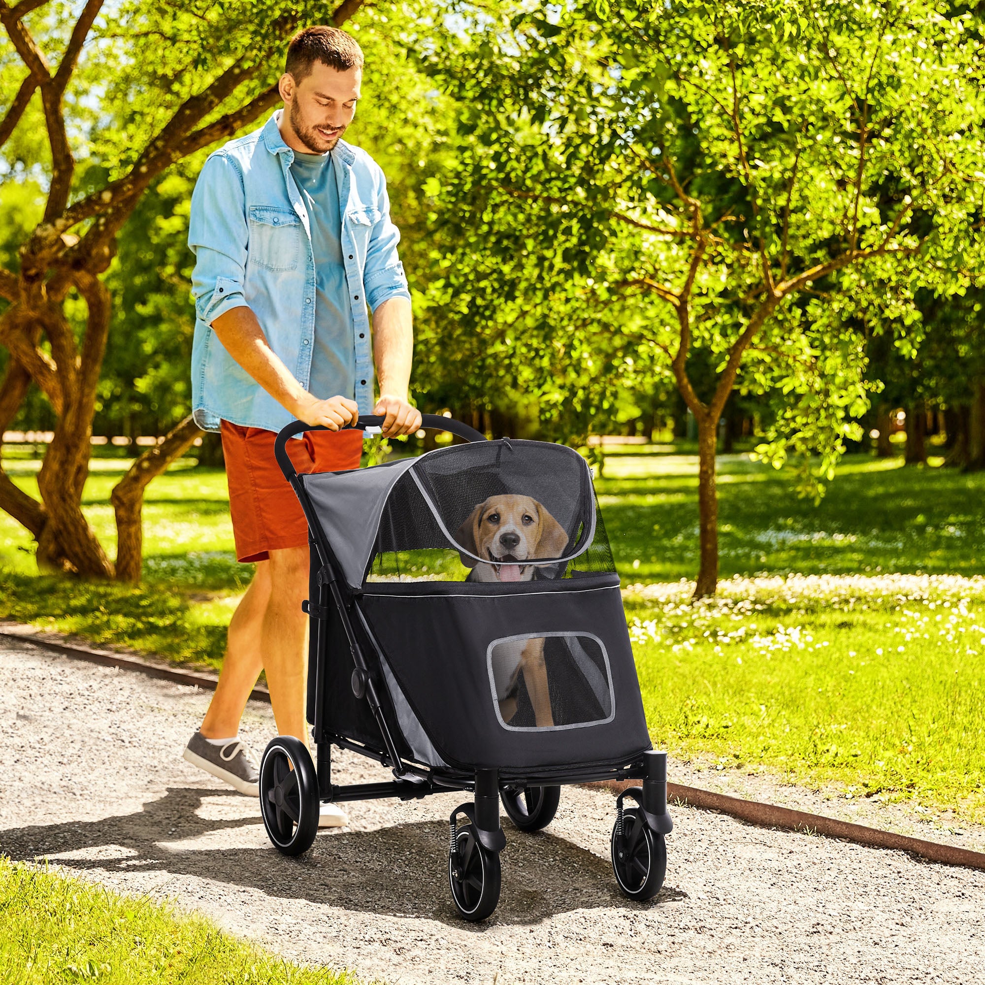Dog Stroller for Large Medium Small Dogs up to 66 Lbs. 23.5" in Body Length, One-Click Foldable Pet Cat Stroller with Storage, Shock Absorption Wheels, Mesh Window, Safety Leash, Gray
