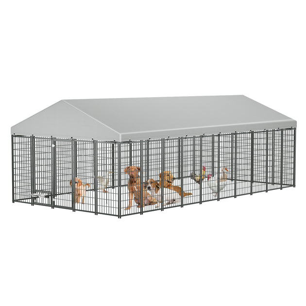 Large Dog Kennel Outdoor Pet Pens Dogs Run Enclosure Animal Hutch Metal Coop Fence With Roof Cover. 18.9  L X 9.61  W X 6.76 H.