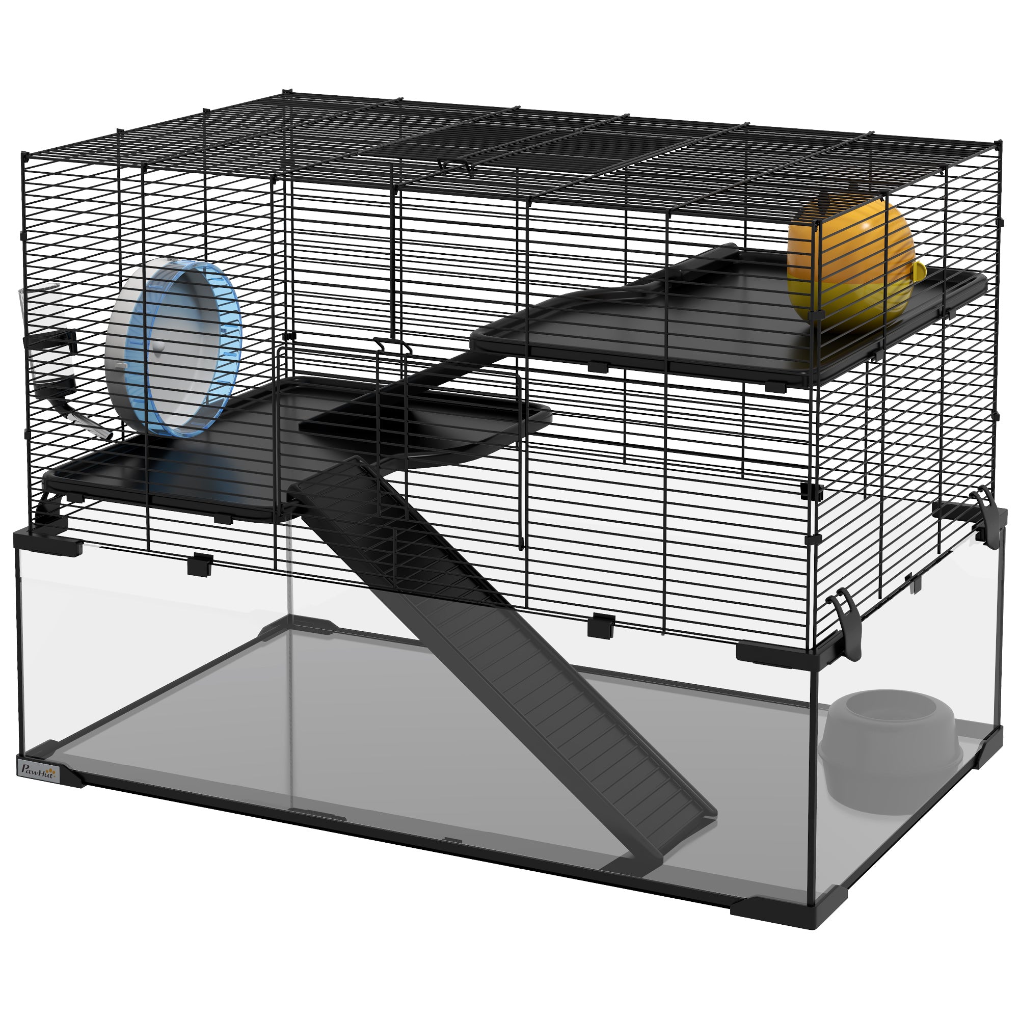 31" Hamster Cage, Gerbil Cage with Glass Basin for Small Hamsters, Black