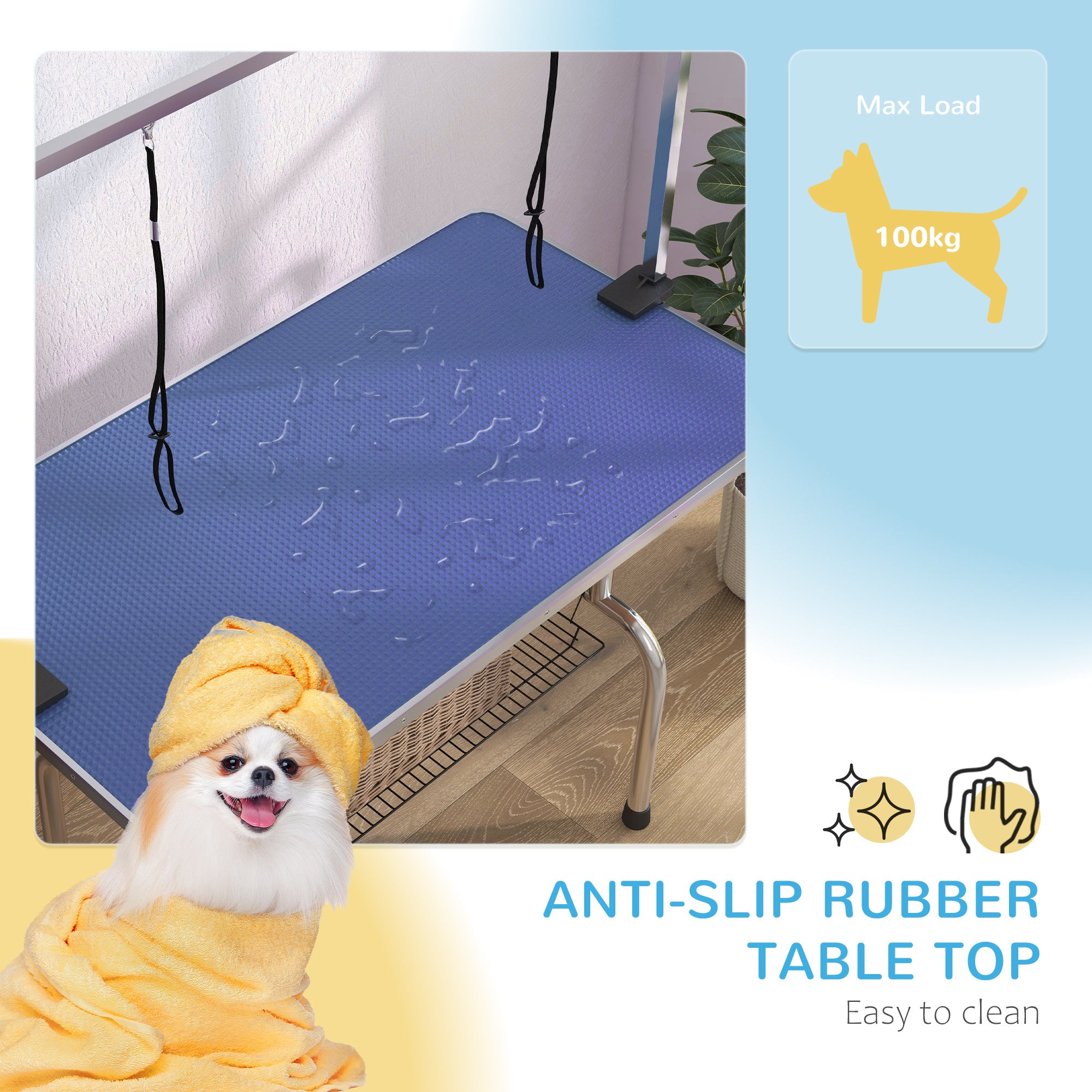 PawHut 42" Dog Grooming Table, Adjustable Pet Cat Drying Beauty Table With 2 Loops Storage Basket, Rubber Top, Blue
