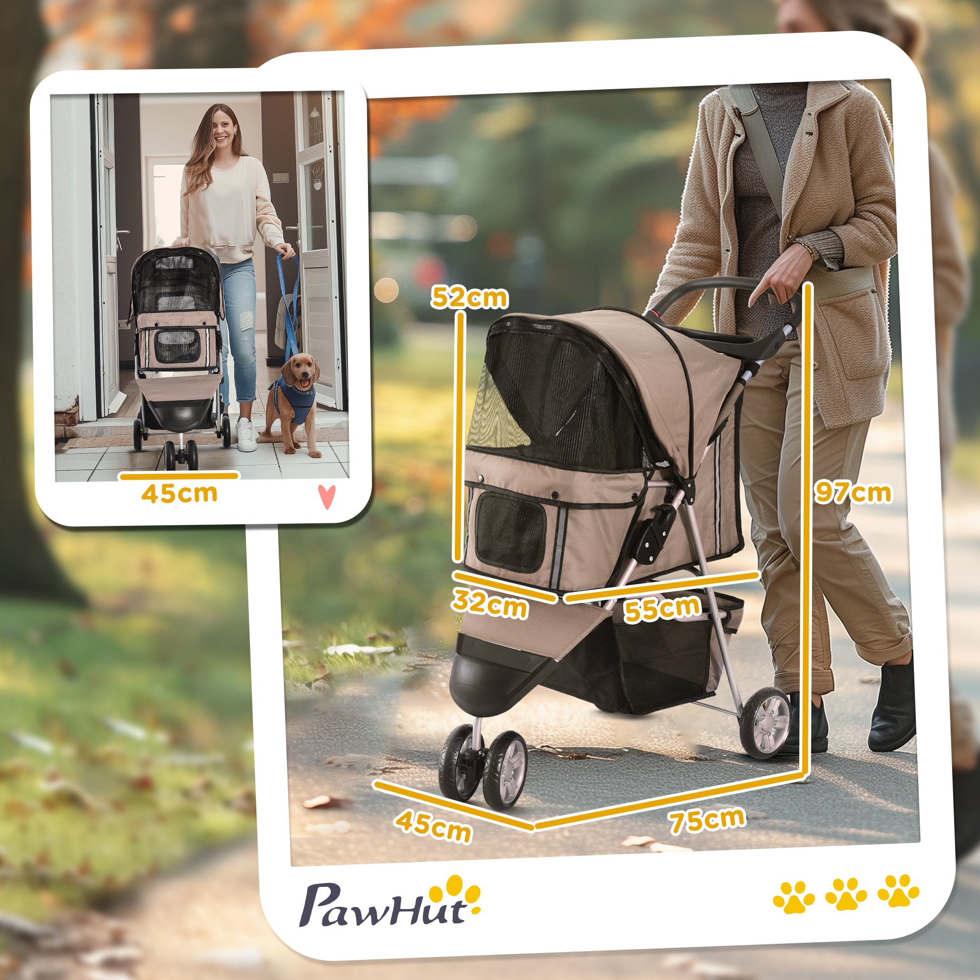 PawHut 3 Wheel Pet Stroller For Small And Miniature Dogs, Brown