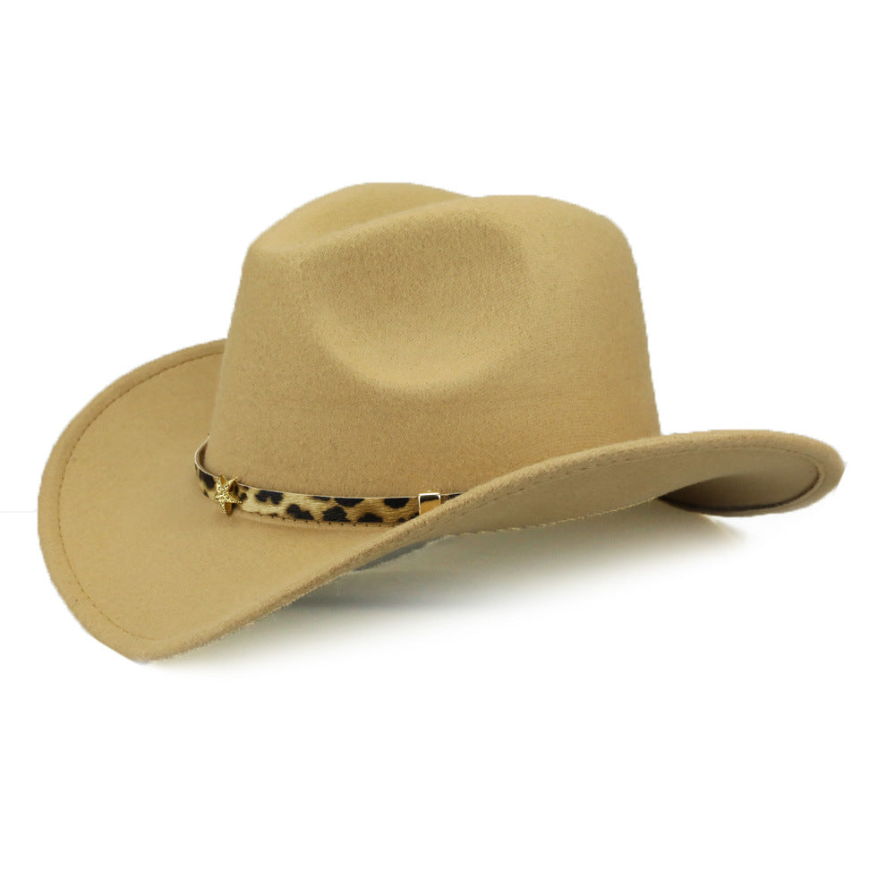 Leopard Print Five-pointed Star Belt Cowboy Hat Men's And Women's Autumn And Winter Woolen Fedora Hat Outdoor Knight Hat Western Cowboy Hat