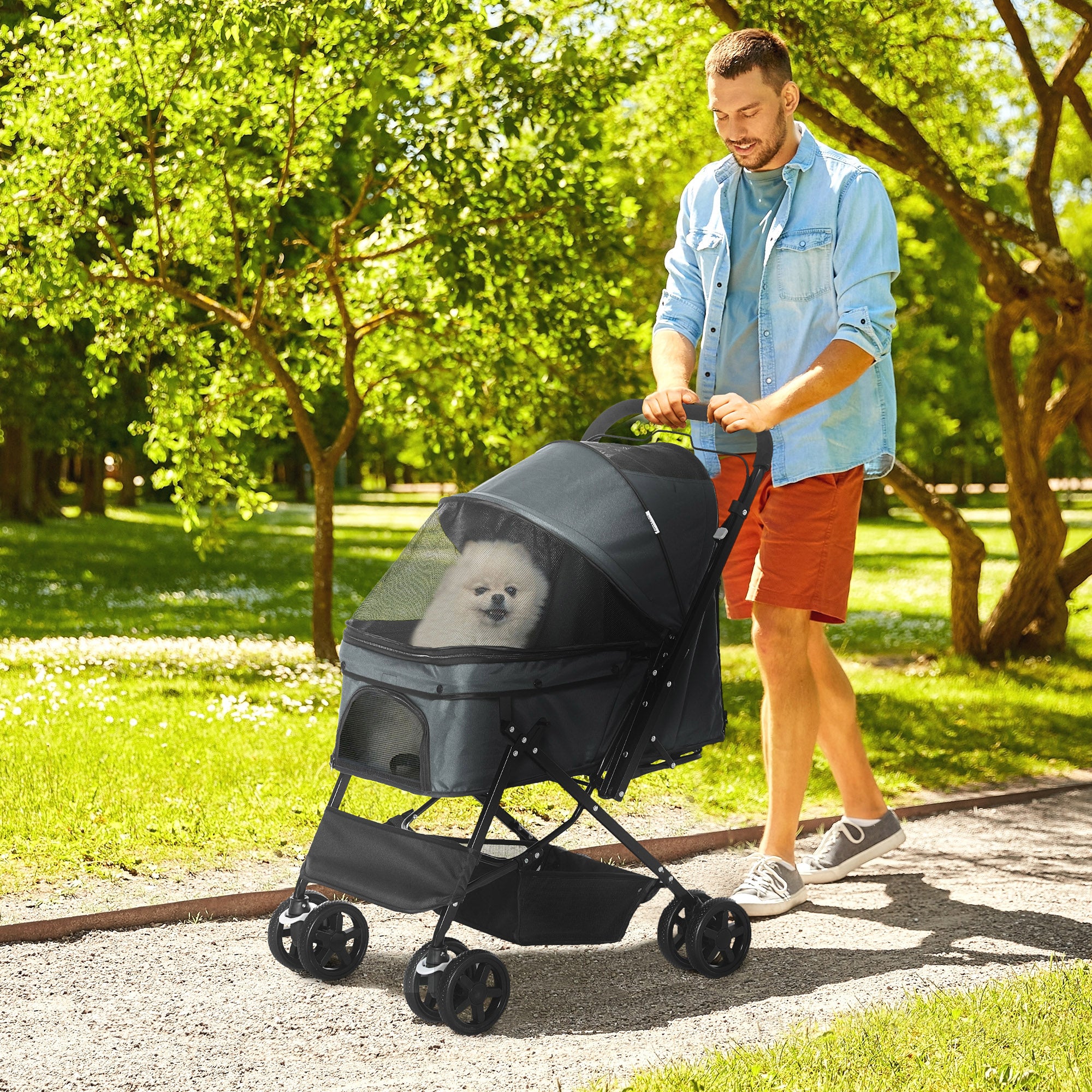 PawHut Pet Stroller Pushchair Foldable Travel Dog Cat Carriage W/ Reversible Handle Brake Basket