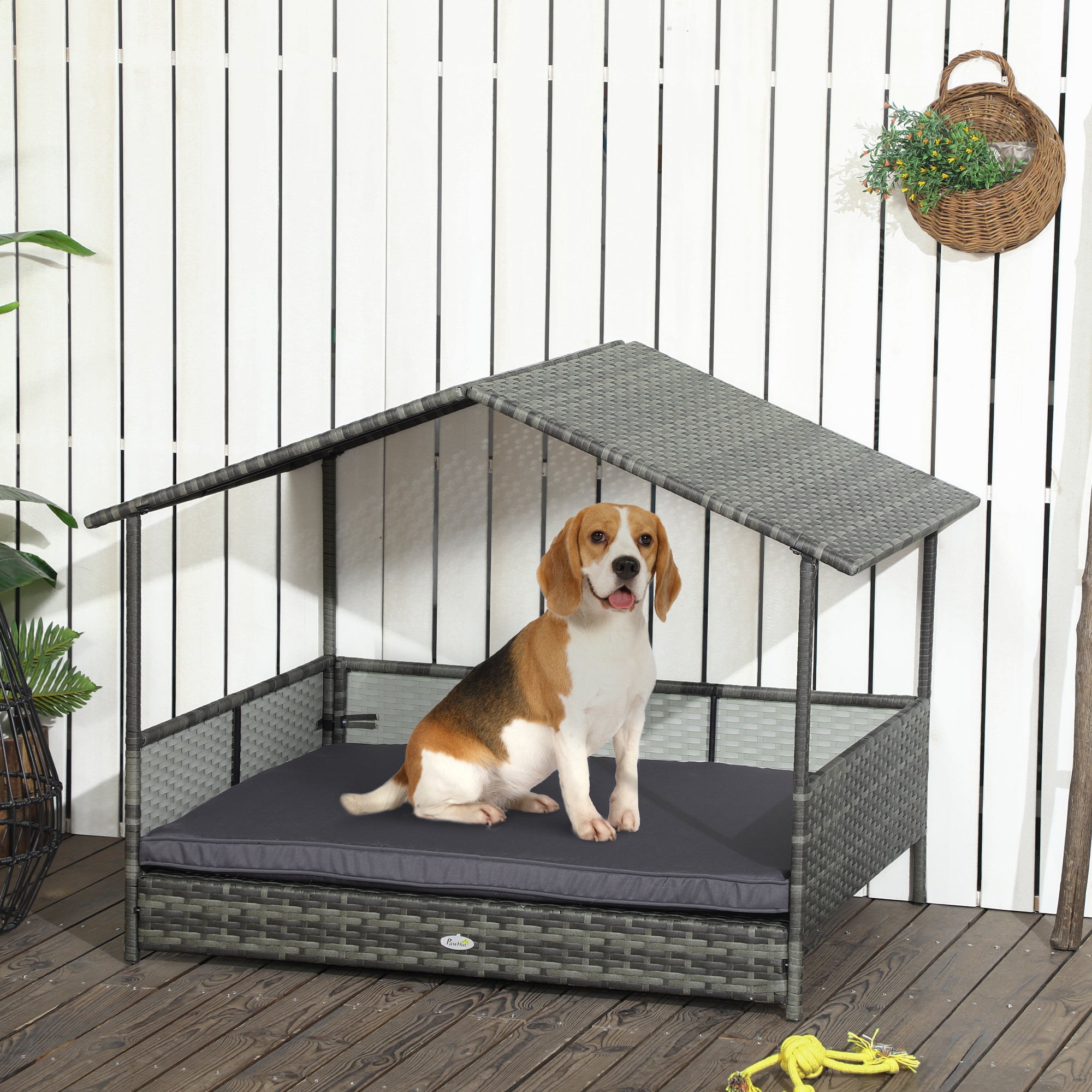 Outdoor Dog Bed with Canopy, Rattan Dog Bed with Soft Cushion Removable Cover for Medium and Large Dogs, Dark Gray