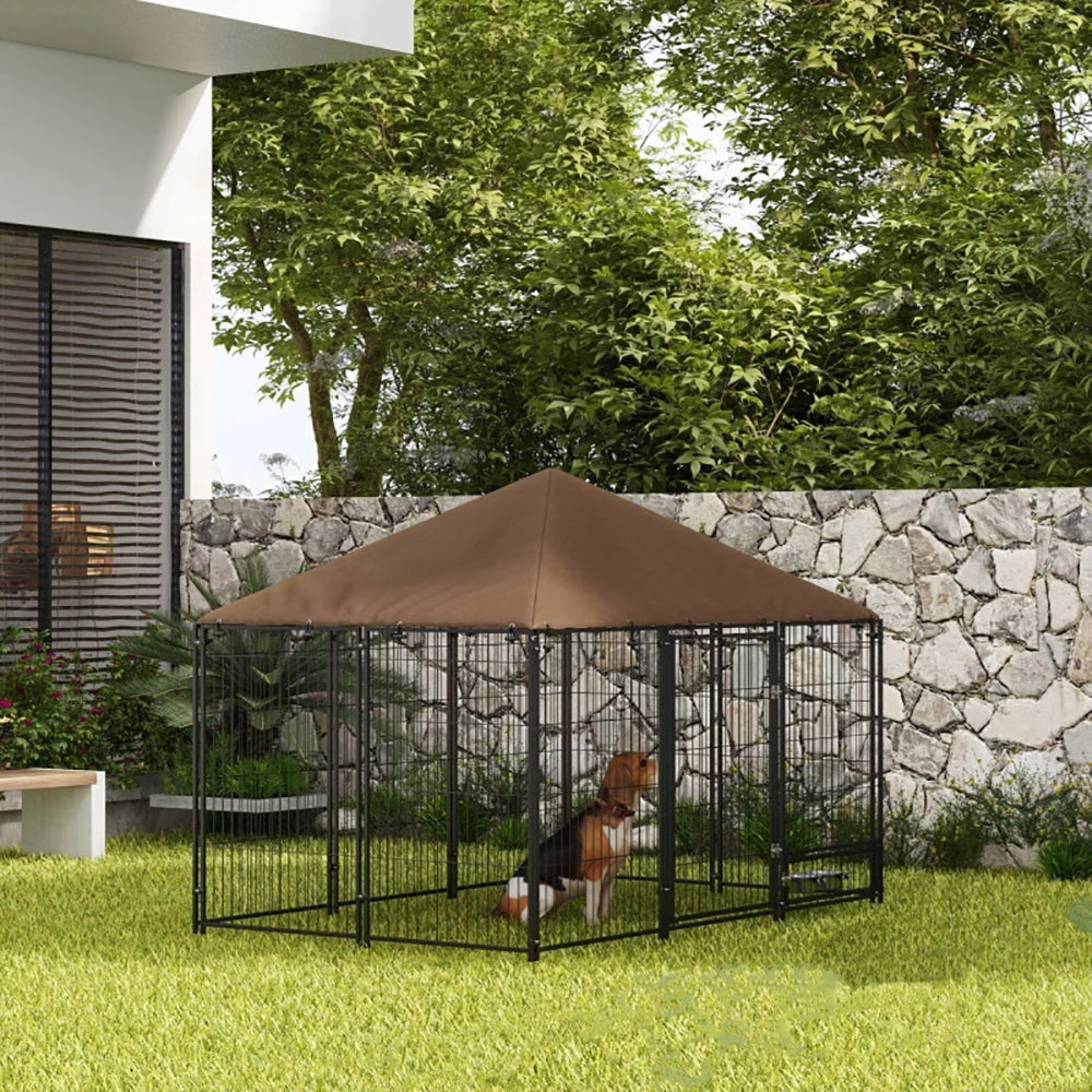 Outside Dog Kennel, 6.9' X 4.6' X 5' Puppy Play Pen With Canopy, Garden Playpen Fence Crate With Rotating Bowl, Black
