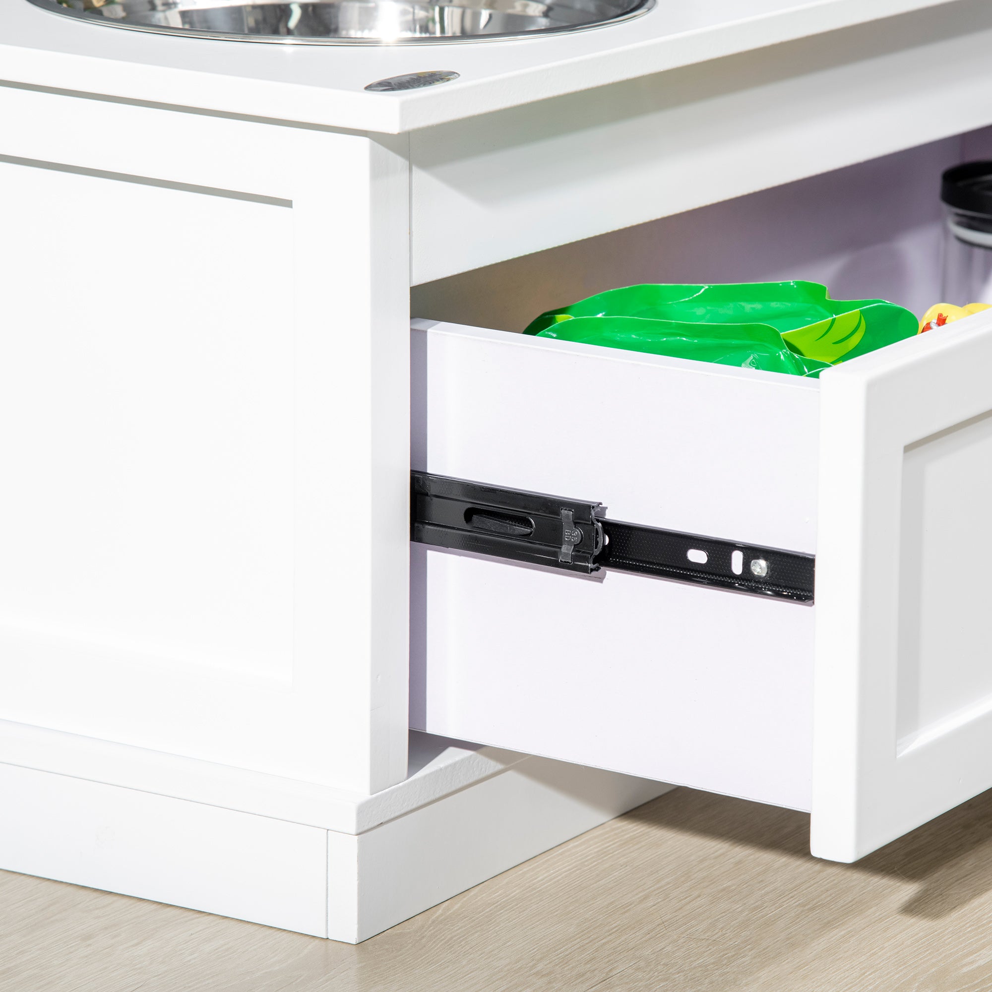 Large Elevated Dog Bowls with Storage Drawer Containing 11L Capacity, Raised Dog Bowl Stand Pet Food Bowl Dog Feeding Station, White
