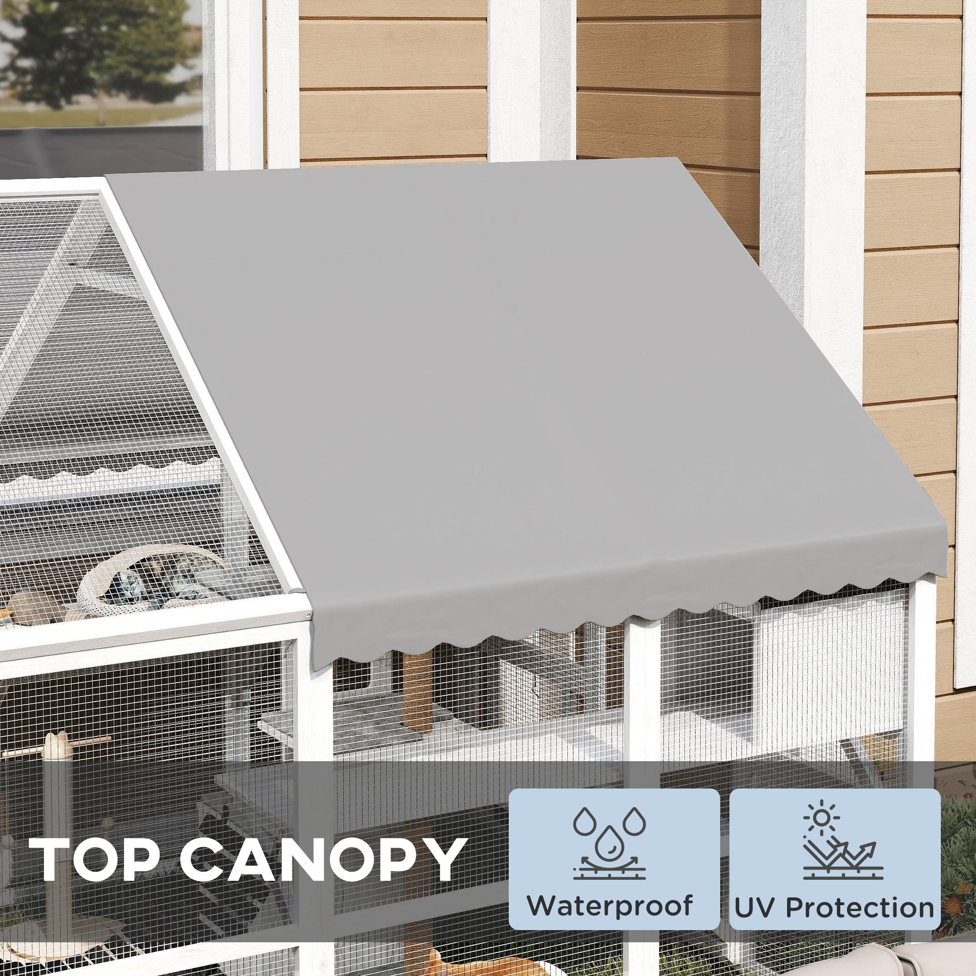 Wooden Catio Outdoor Cat Enclosure With Waterproof Cover, 2 Condos, 6 Platforms, Bridge, Doors, White