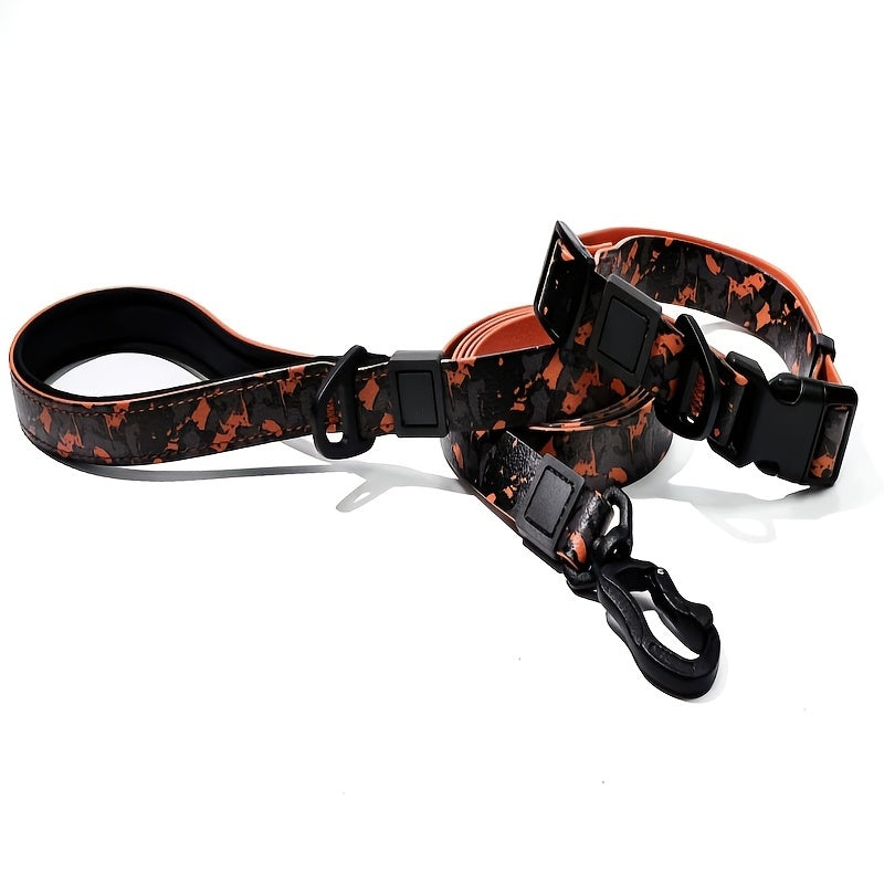 Embossed UV Printed Dog Leash & Collar Set 1.5cm Wide, Waterproof Tear-Resistant Easy To Clean PVC Set, Stylish Patterned Walking Training Gear For Small Dogs