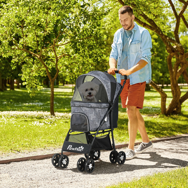 PawHut Foldable Pet Stroller For Dogs, Puppy Stroller, With Large Carriage, Brakes, Canopy - Grey