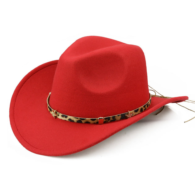 Leopard Print Five-pointed Star Belt Cowboy Hat Men's And Women's Autumn And Winter Woolen Fedora Hat Outdoor Knight Hat Western Cowboy Hat