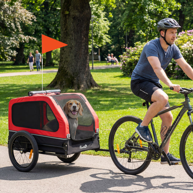 Dog Bike Trailer for Small & Medium Dogs, Universal Bicycle Coupler, Flip-Down Ramp Tailgate, Red