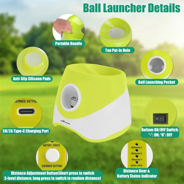 Automatic Dog Ball Launcher Rechargeable Interactive Pet Ball Thrower For Small Medium Dogs Interactive Dog Fetch Toy With 3 Adjustable Distance Settings (6m/10m/14m) 6Pcs 2.3in Balls