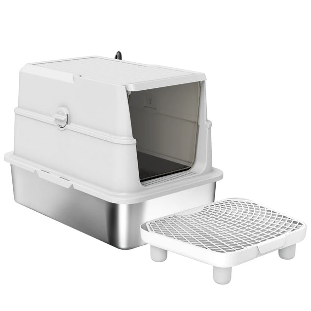 Extra Large Stainless Steel Cat Litter Box For Big Cats With Flip Cover, High-Sided Enclosure & Scoop