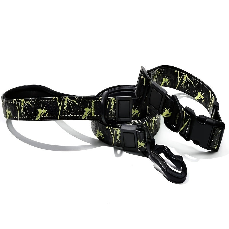 Embossed UV Printed Dog Leash & Collar Set 1.5cm Wide, Waterproof Tear-Resistant Easy To Clean PVC Set, Stylish Patterned Walking Training Gear For Small Dogs