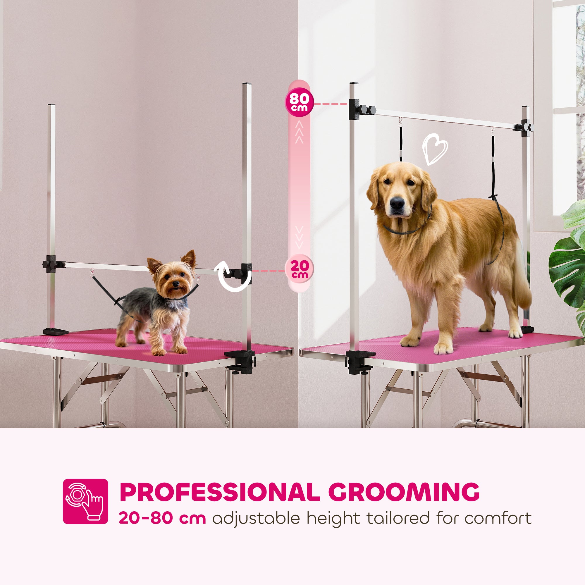 PawHut 42 Dog Grooming Table, Adjustable Pet Cat Drying Beauty Table With 2 Loops Storage Basket, Rubber Top, Pink