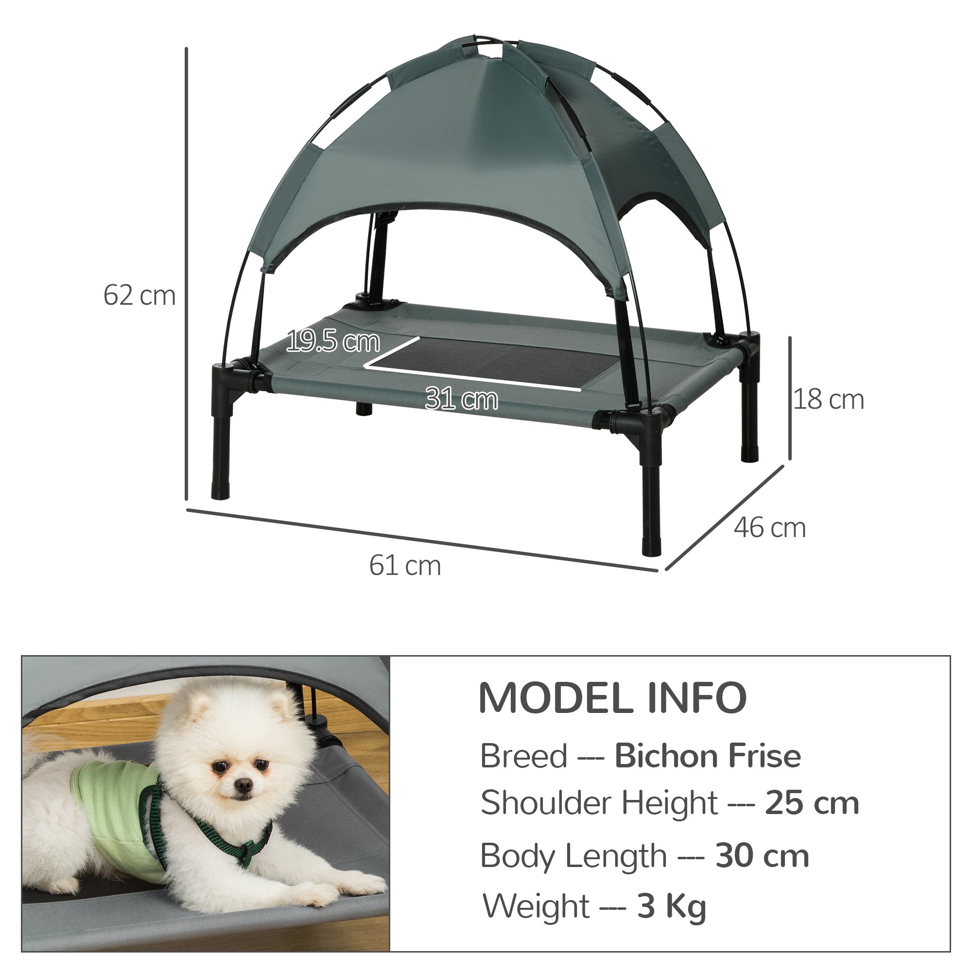 PawHut Raised Dog Bed Waterproof Elevated Pet Cot With Breathable Mesh UV Protection Canopy Grey, For Small Dogs, 61 X 46 X 62cm