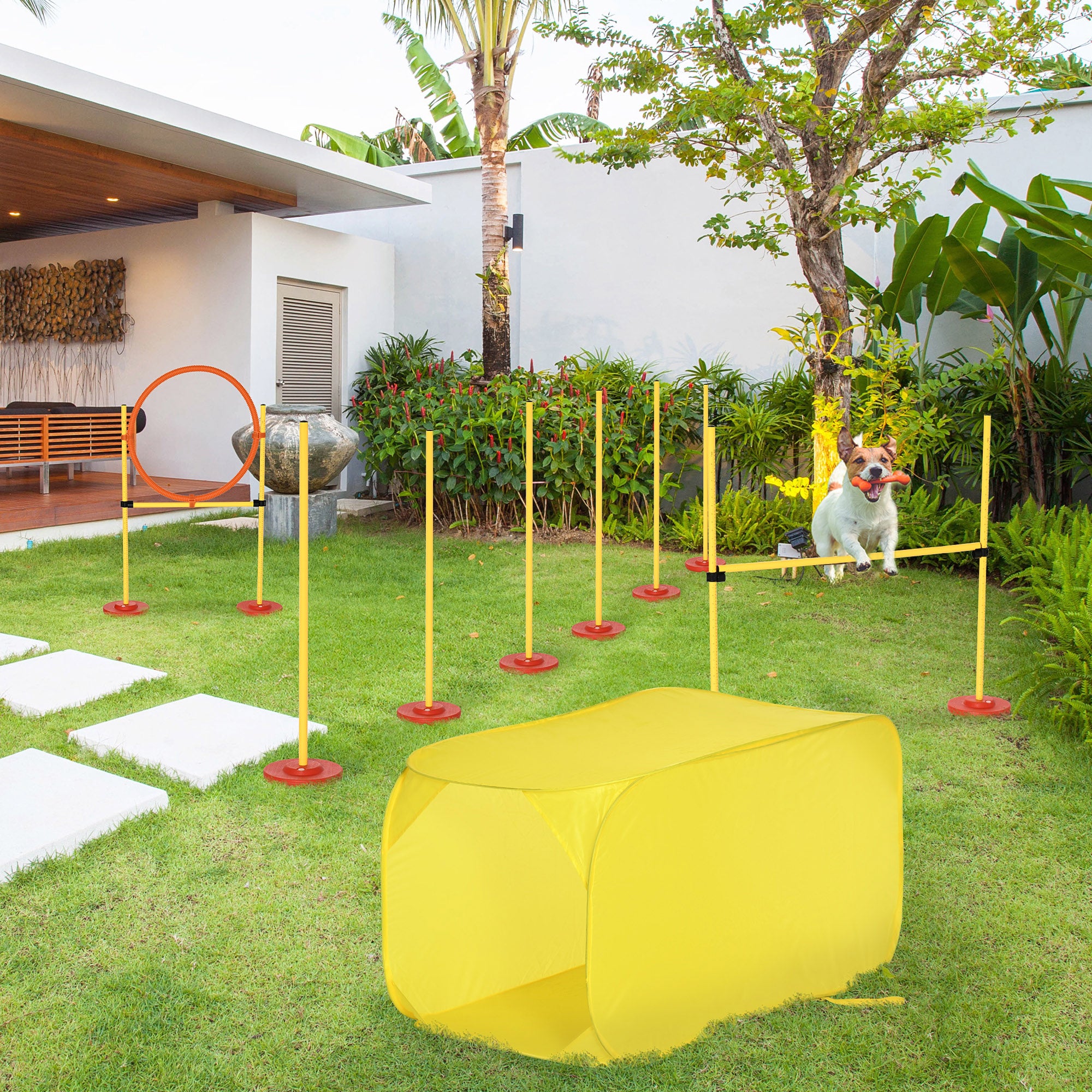 Pawhut Dog Agility Equipment Portable Pet Training Obstacle Set For Dogs 5 Pieces W/ Adjustable High Jumping Pole, Jumping Ring, Weave Poles, Tunnel