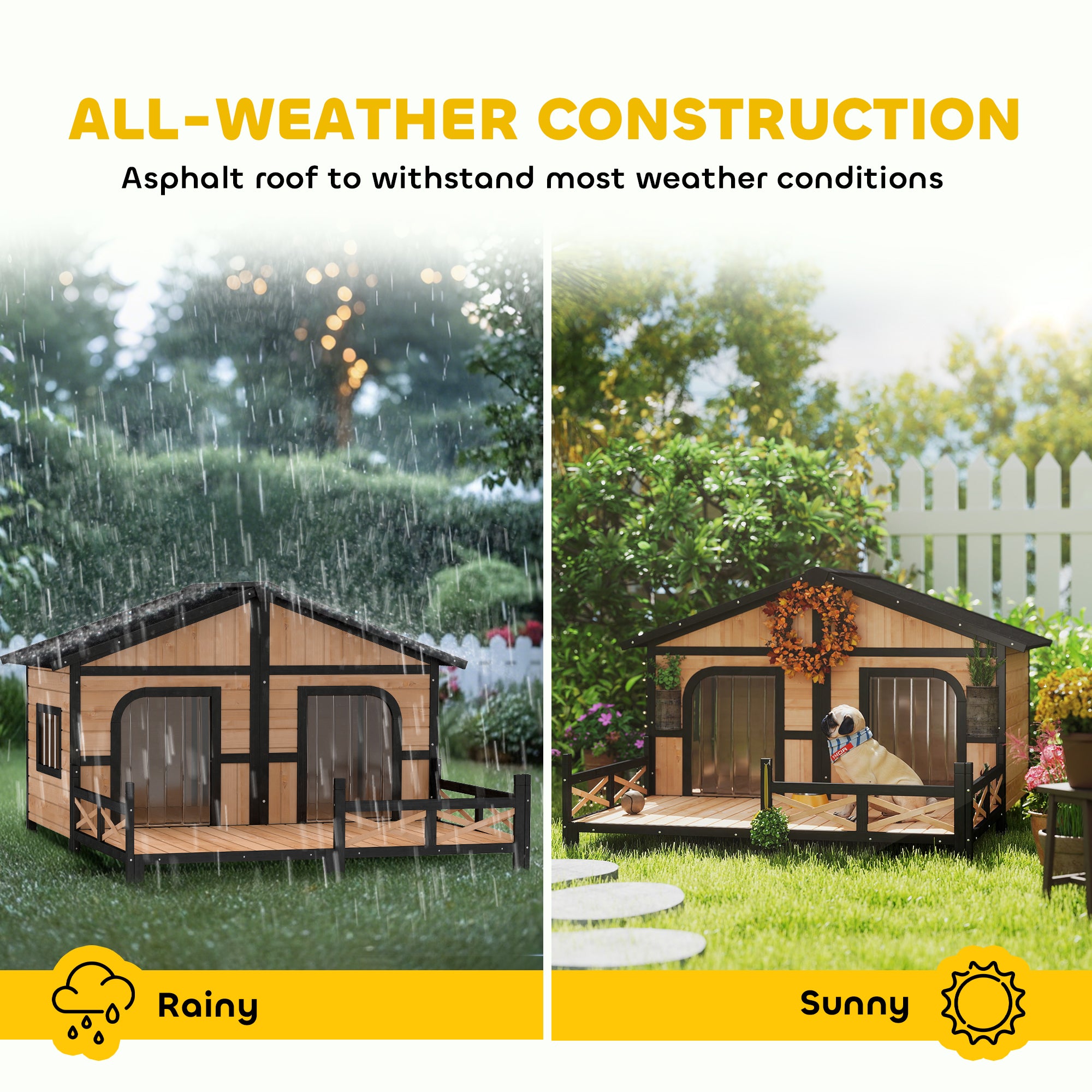 Dog House Outdoor, Wooden Dog Kennel Weatherproof with Porch, Openable Roof, Removable Bottom, Elevated Floor, Double Room for 2 Small to Medium Breeds, Natural