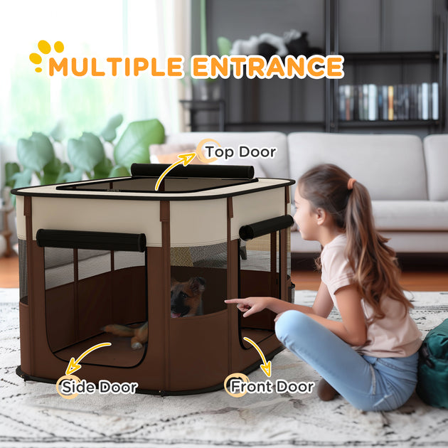 PawHut Foldable Dog Pen With Storage Bag For Indoor/Outdoor Use, Portable Pet Playpen, With Ground Stakes - Brown