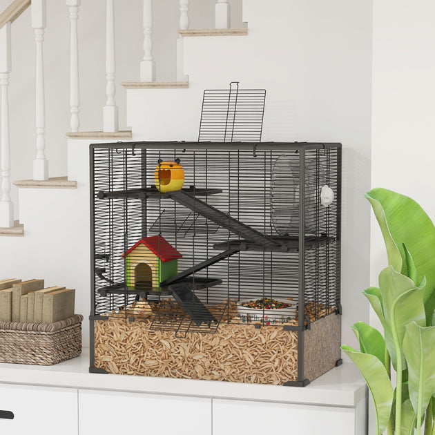 4 Tier Hamster Cage with Deep Tempered Glass Bottom, Running Wheel, Hut, Water Bottle, Food Dish, 31