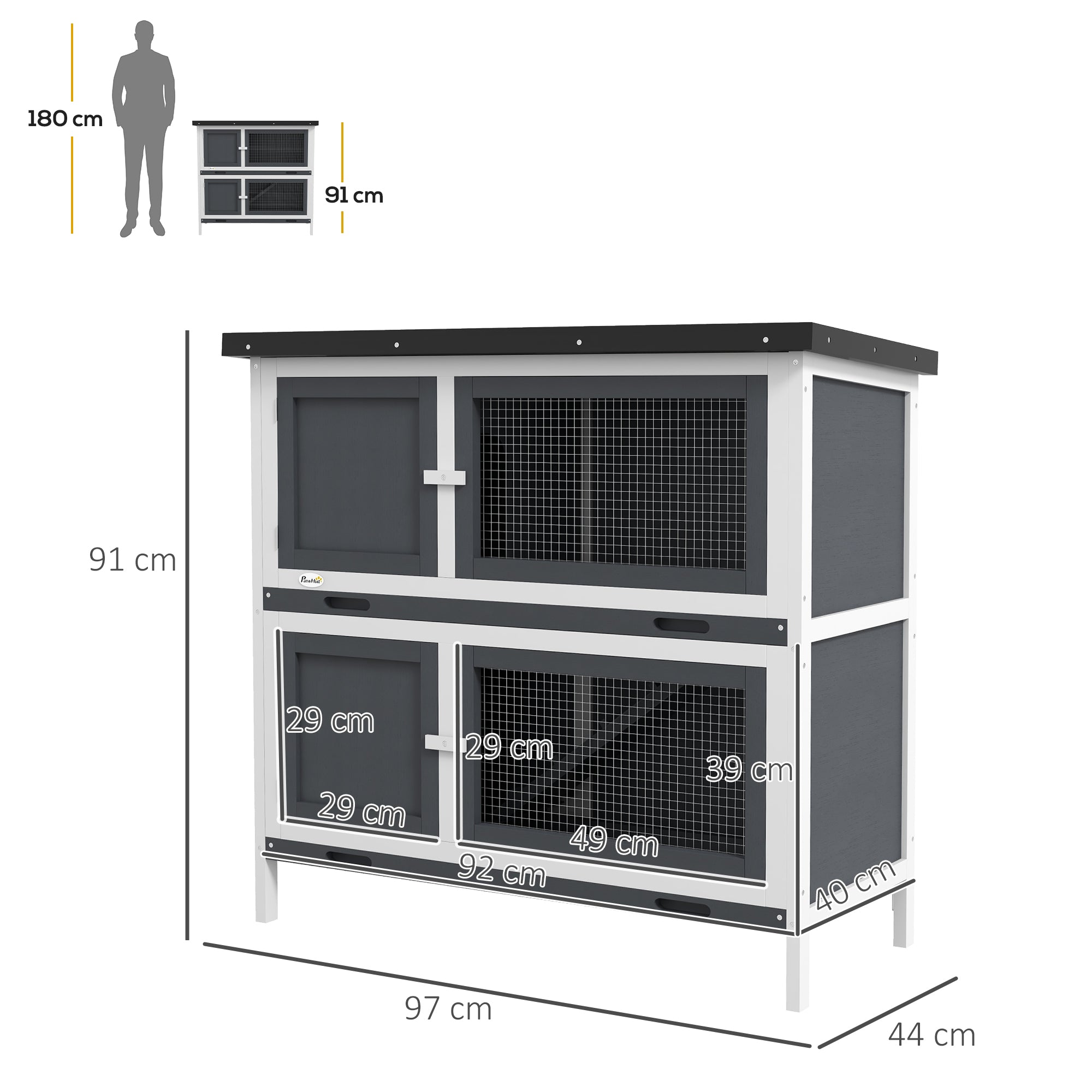 PawHut Double Decker Rabbit Hutch 2 Tier Guinea Pig House Pet Cage Outdoor With Sliding-out Tray, 100 X 47 X 91cm, Grey
