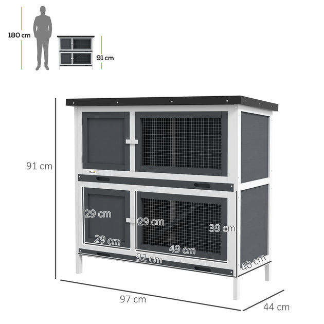 PawHut Double Decker Rabbit Hutch 2 Tier Guinea Pig House Pet Cage Outdoor With Sliding-out Tray, 100 X 47 X 91cm, Grey