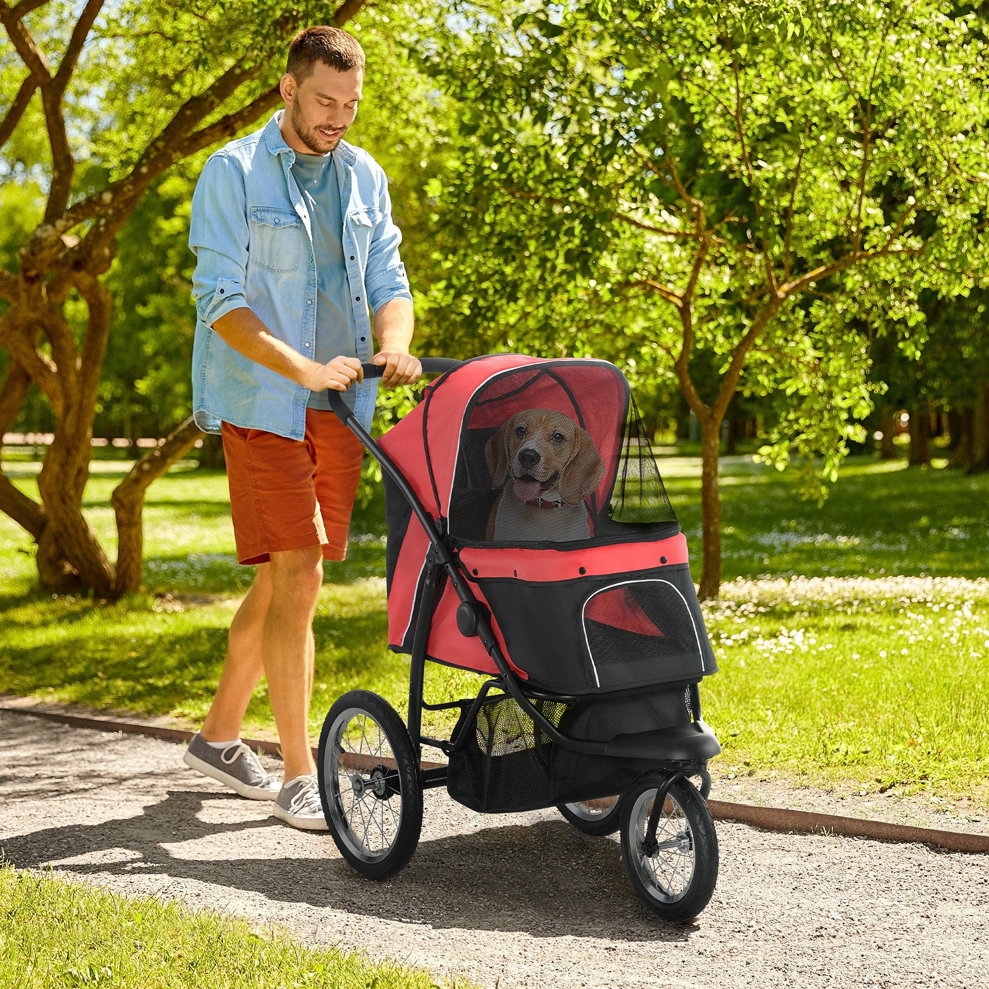 PawHut Foldable Pet Stroller With Three Wheels, For Small, Medium Dogs, Red