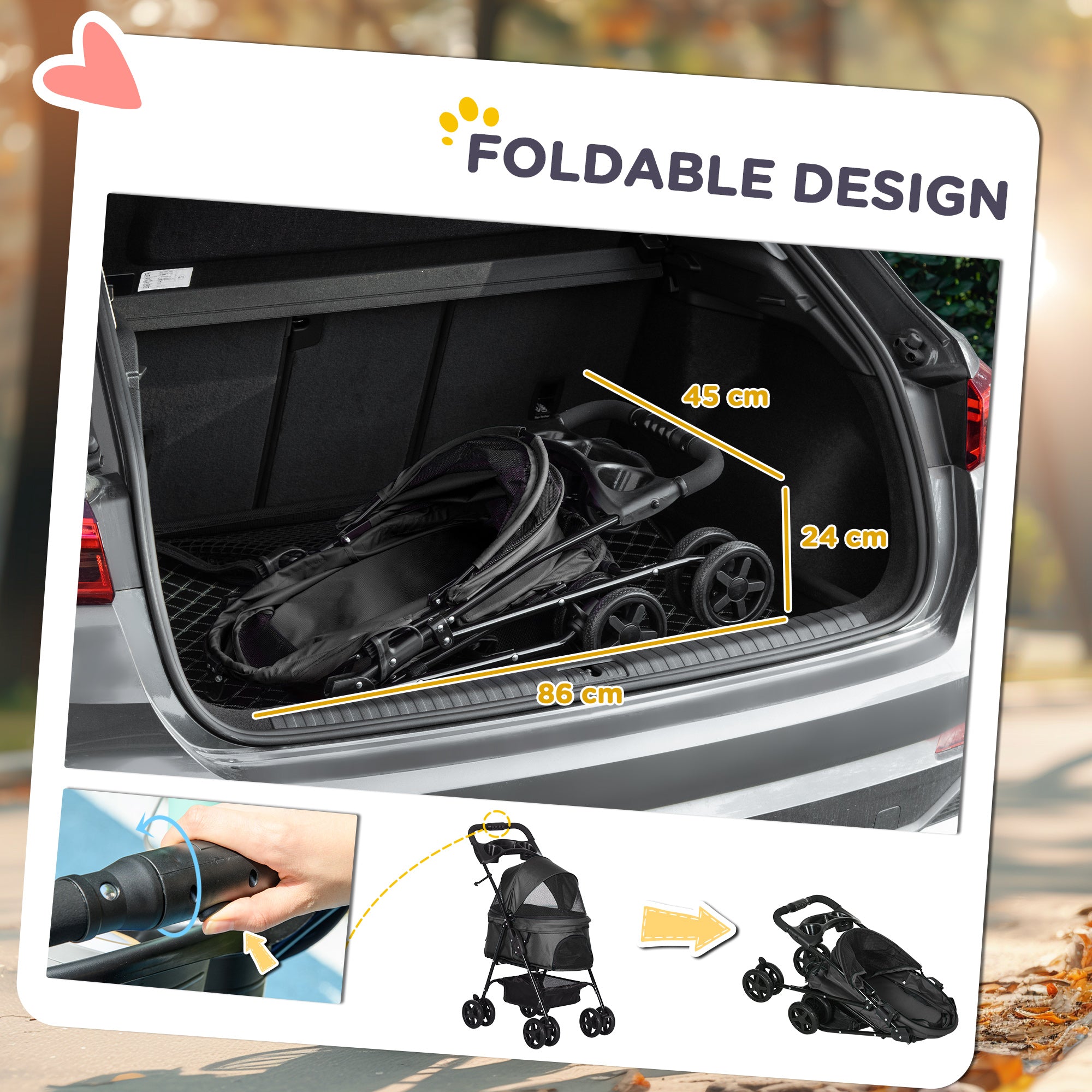 PawHut Dog Pram Dog Stroller Foldable Pet Pushchair With 4 Wheels, Safety Leashes, Cup Holder For Small Dogs, Black