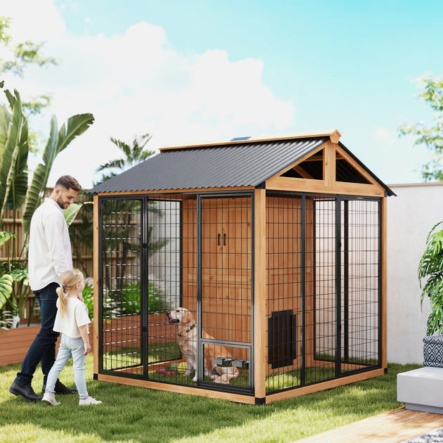 7' x 6' Extra Large Dog House, Wood Outdoor Dog Kennel with Storage Cabinet, Stainless Steel Bowls, Light Yellow