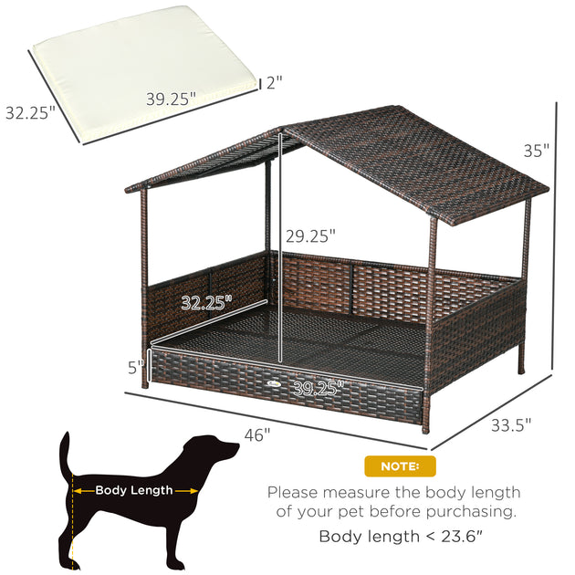 Outdoor Dog Bed with Canopy, Rattan Dog Bed with Soft Cushion Removable Cover for Medium and Large Dogs, Cream White