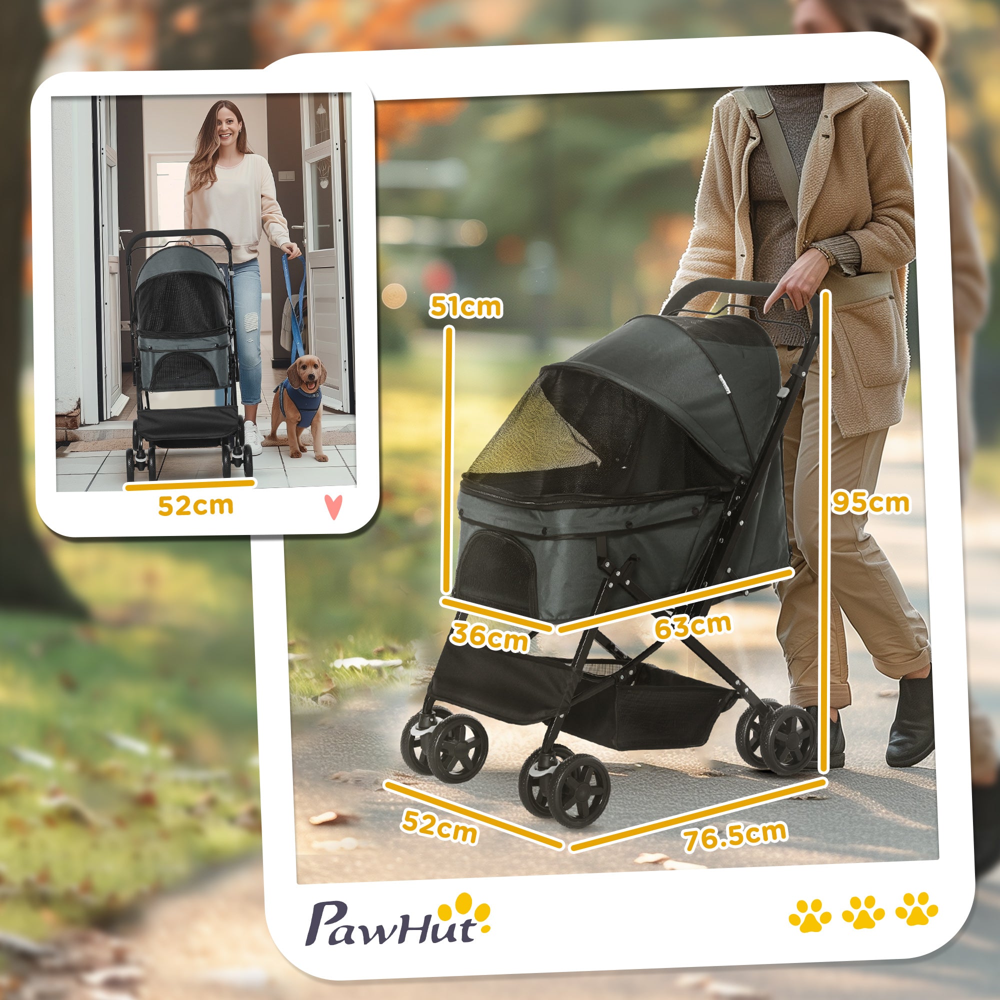 PawHut Pet Stroller Pushchair Foldable Travel Dog Cat Carriage W/ Reversible Handle Brake Basket