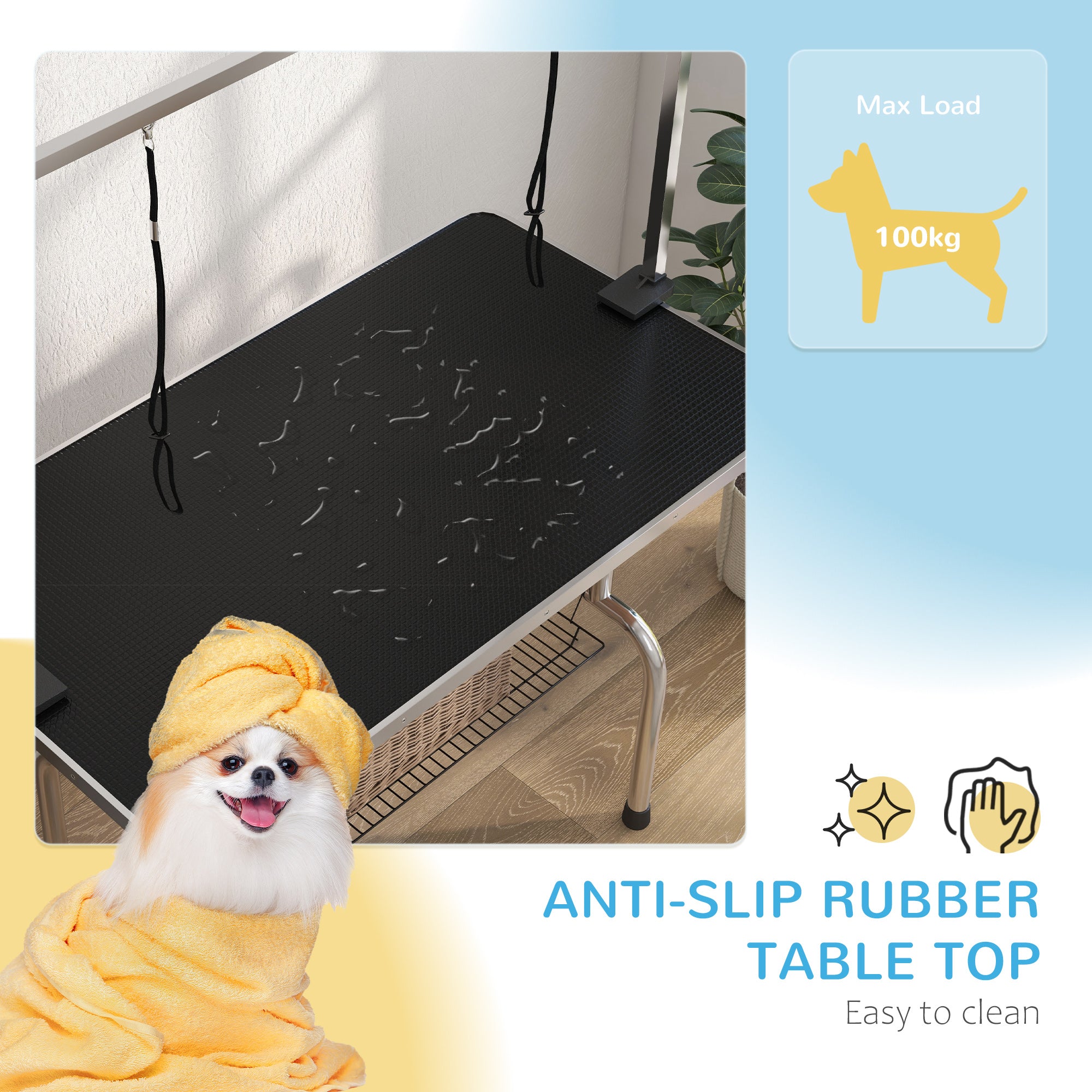 PawHut 42" Dog Grooming Table, Adjustable Pet Cat Drying Beauty Table With 2 Loops Storage Basket, Rubber Top, Black