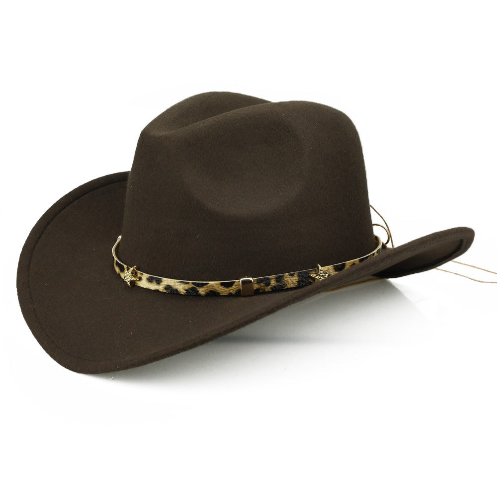 Leopard Print Five-pointed Star Belt Cowboy Hat Men's And Women's Autumn And Winter Woolen Fedora Hat Outdoor Knight Hat Western Cowboy Hat