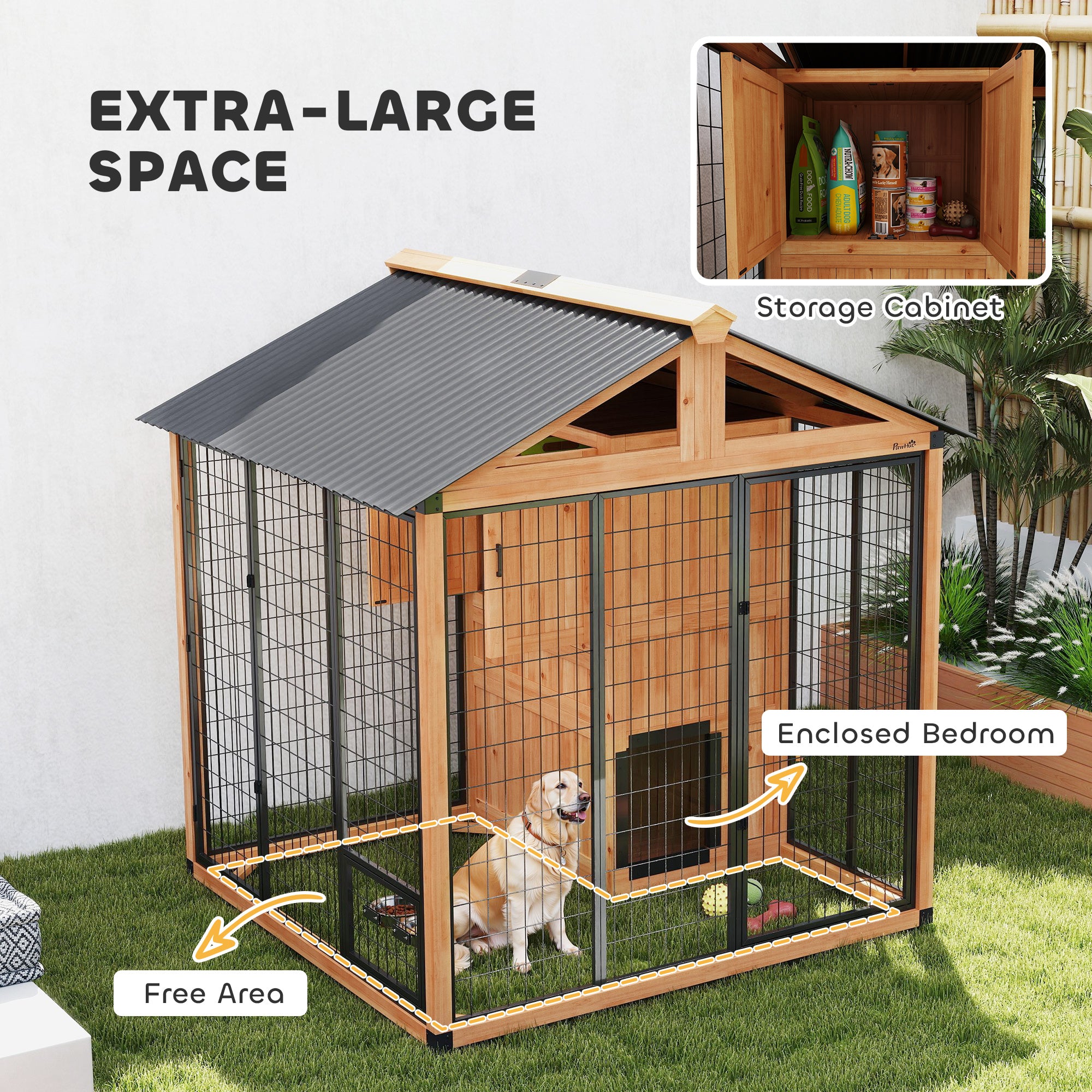 7' x 6' Extra Large Dog House, Wood Outdoor Dog Kennel with Storage Cabinet, Stainless Steel Bowls, Light Yellow