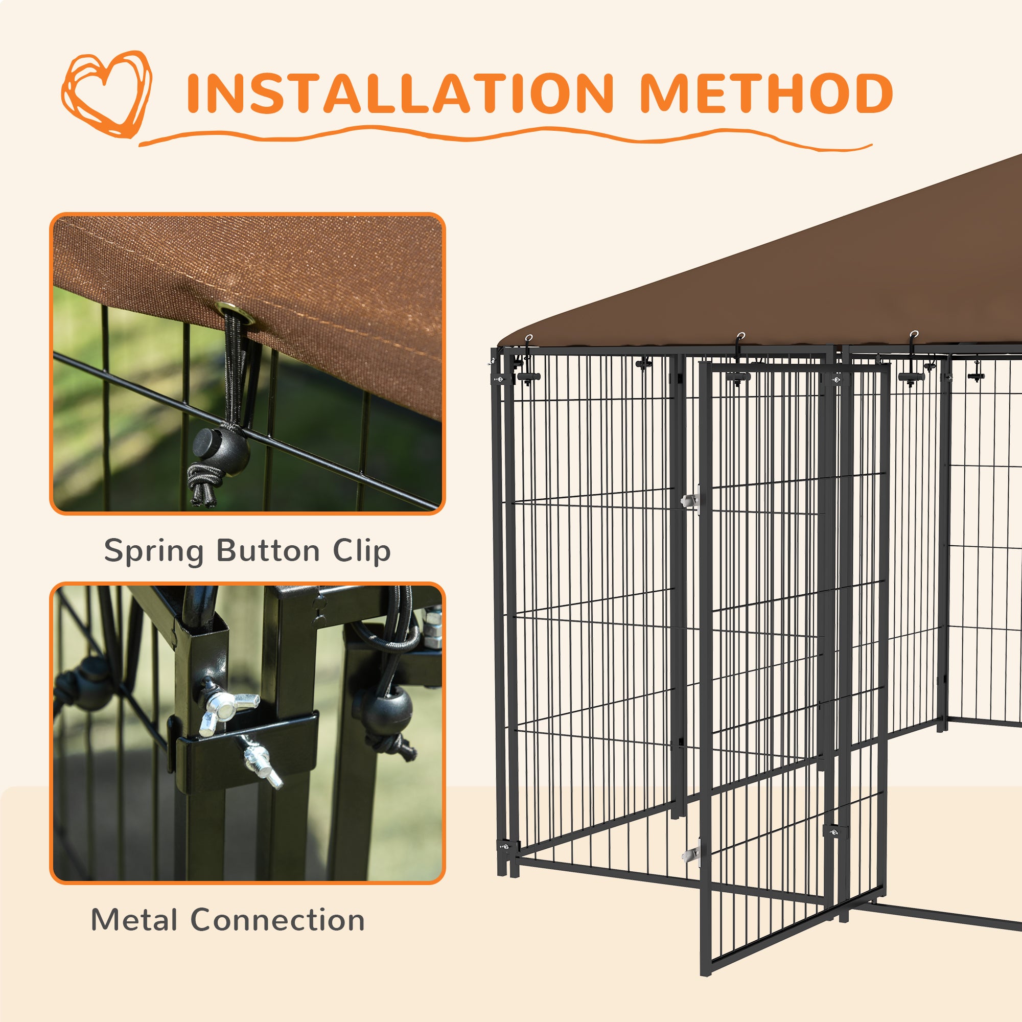 6.9' x 6.9' x 5' Outdoor Dog Kennel with Canopy Garden Playpen Fence Crate Enclosure Cage Rotating Bowl, Coffee