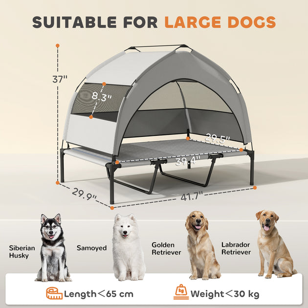 Elevated Dog Bed with Removable Canopy, Portable Outside Raised Pet Cot with Cooling Pad, Storage Bag, 42