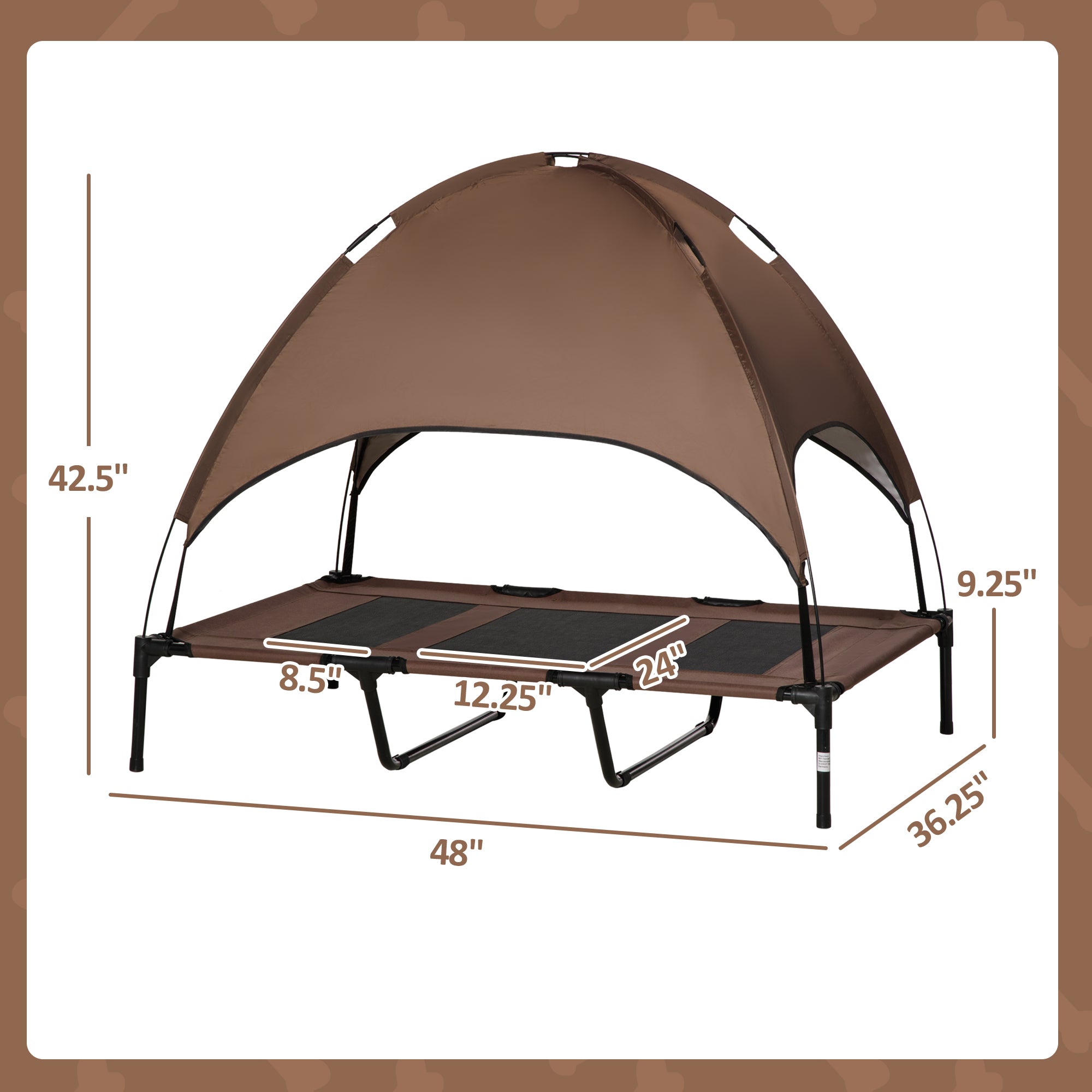 48" X 36" Elevated Portable Dog Cot Cooling Pet Bed With UV Protection Canopy Shade, Coffee