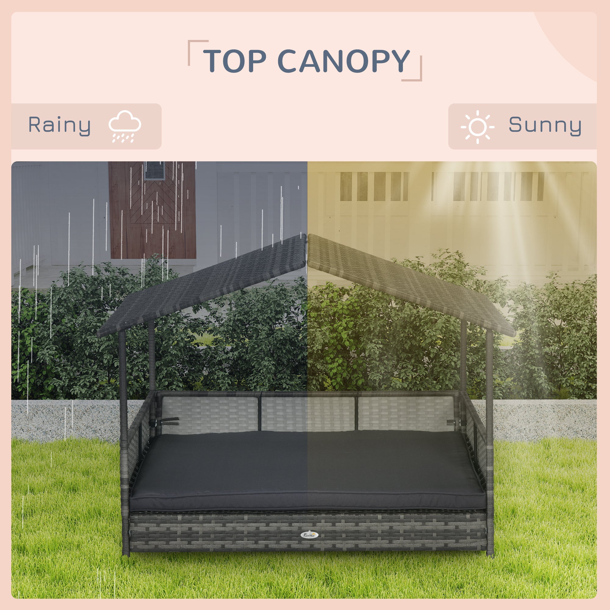 Outdoor Dog Bed with Canopy, Rattan Dog Bed with Soft Cushion Removable Cover for Medium and Large Dogs, Dark Gray