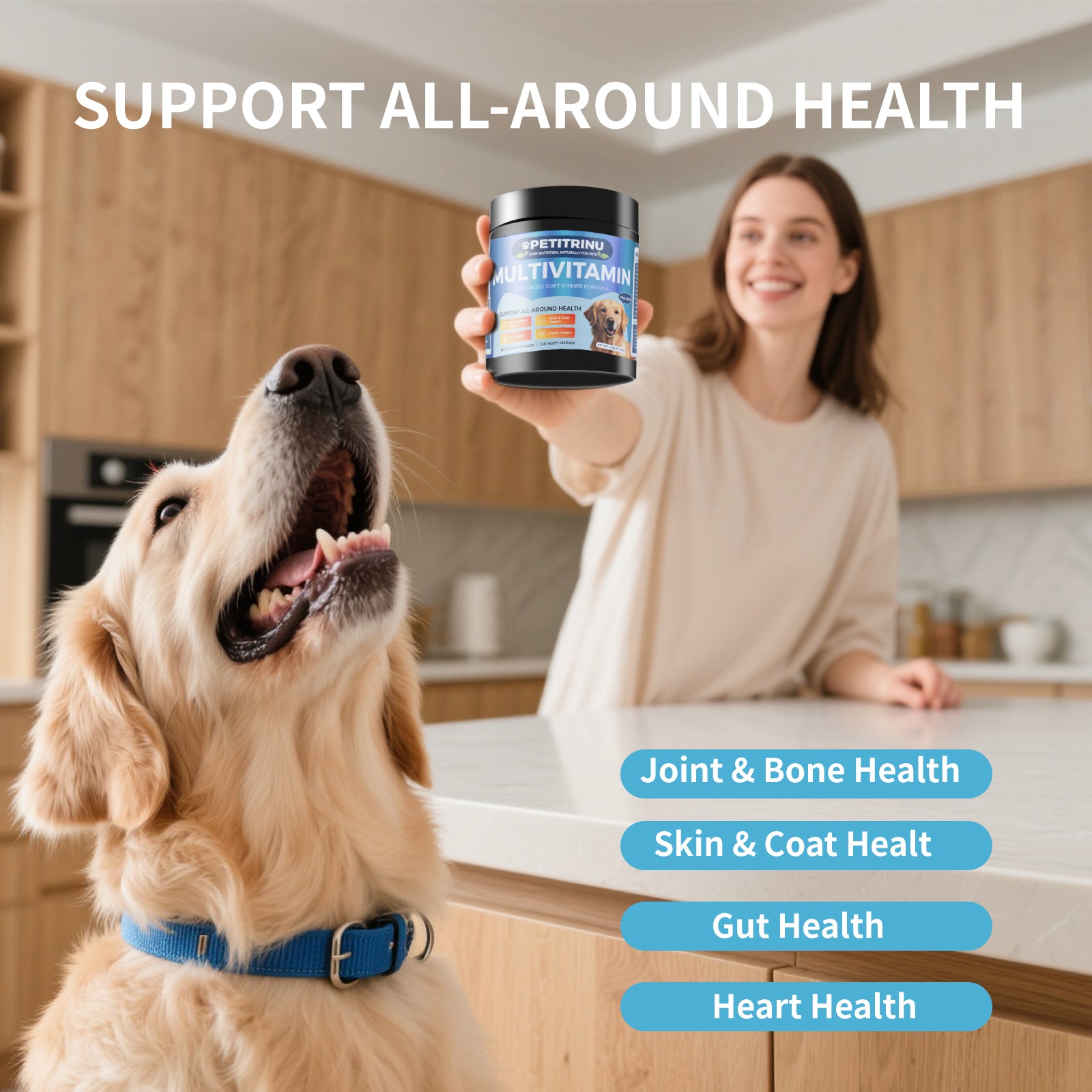PETITRINU Dog Multivitamin Soft Chews, Chicken Flavor 120 Count, Support Joint & Bone, Skin & Coat, Gut, Heart All-Around Health For Dogs