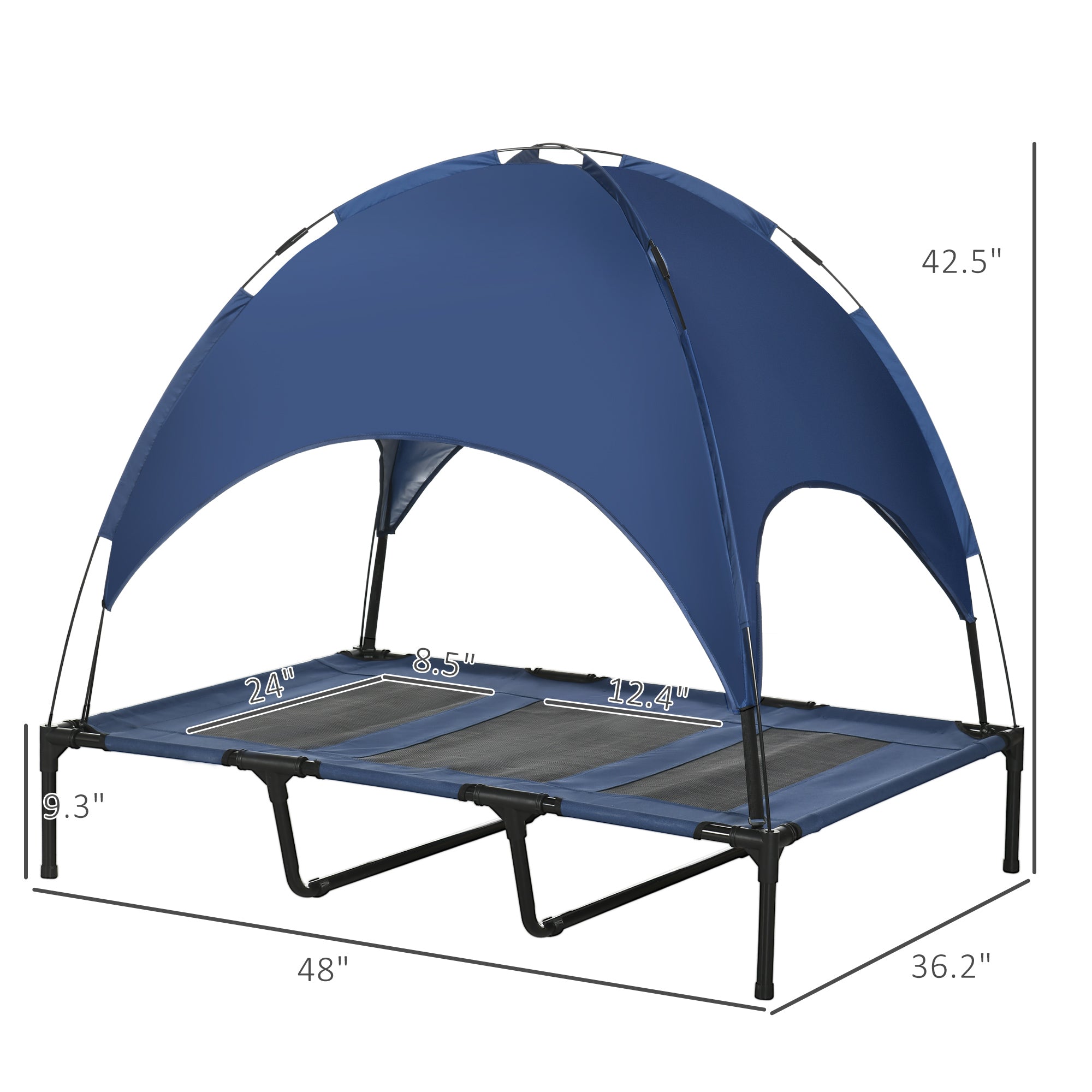 48" X 36" Elevated Portable Dog Cot Cooling Pet Bed With UV Protection Canopy Shade, Dark Blue