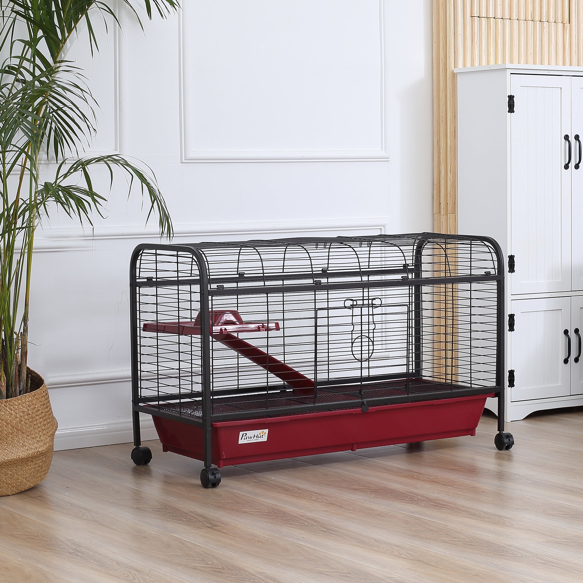 41"L Small Animal Cage, Pet Play House for Rabbit Hutch Ferret with Feeder, Rolling Wheels, Platform, Ramp