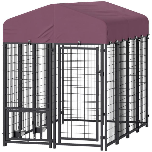 Welded Wire Outdoor Dog Kennel With 360 Rotating & 4 Levels Adjustable Bowls, Waterproof Cover, 7.9 X 4 X 6