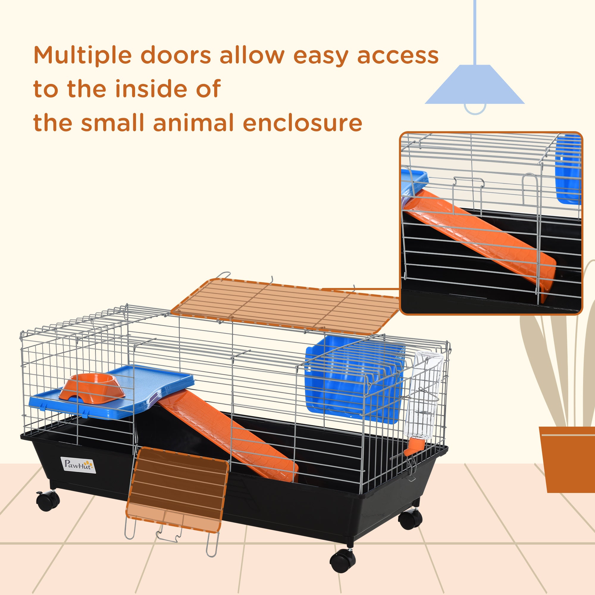 35"L Small Animal Cage with Food Dish, Water Bottle, Hay Feeder, Platform, Ramp for Chinchilla, Black