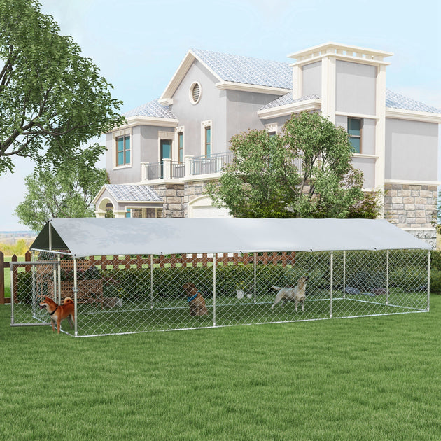 19.7' x 7.5' x 4.9' Outdoor Dog Kennel for Large-Sized Dogs with Waterproof UV Resistant Roof, Silver