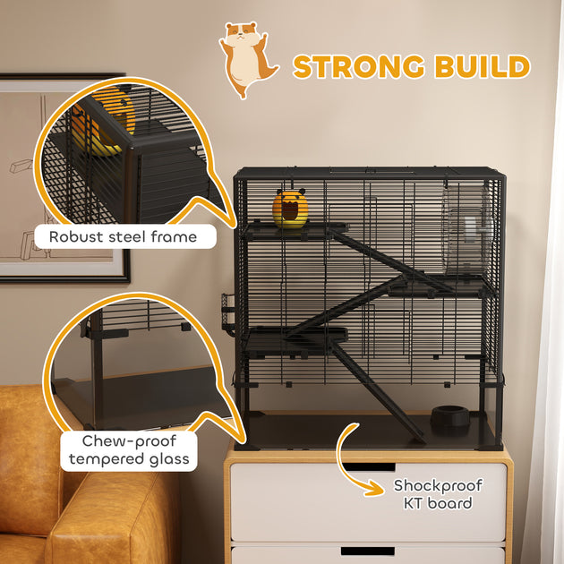 4 Tier Hamster Cage with Deep Tempered Glass Bottom, Running Wheel, Hut, Water Bottle, Food Dish, 31