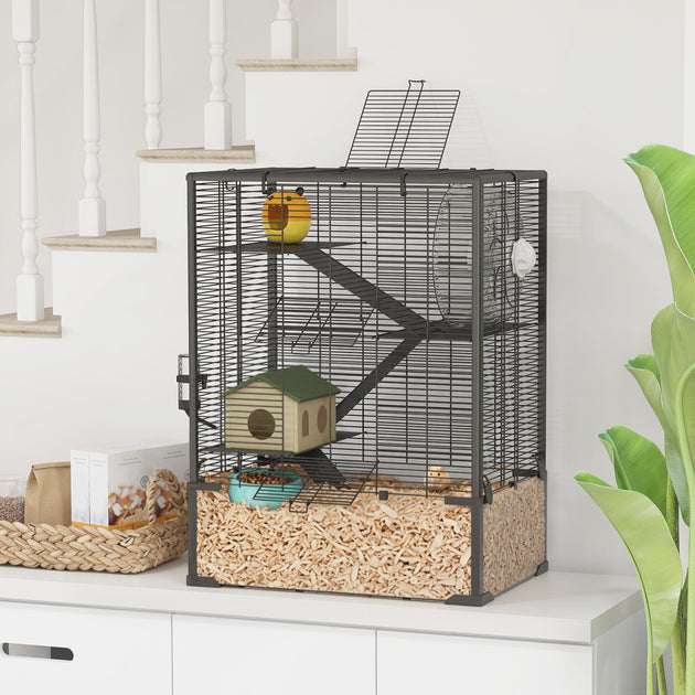 4 Tier Hamster Cage with Deep Tempered Glass Bottom, Running Wheel, Hut, Water Bottle, Food Dish, 24