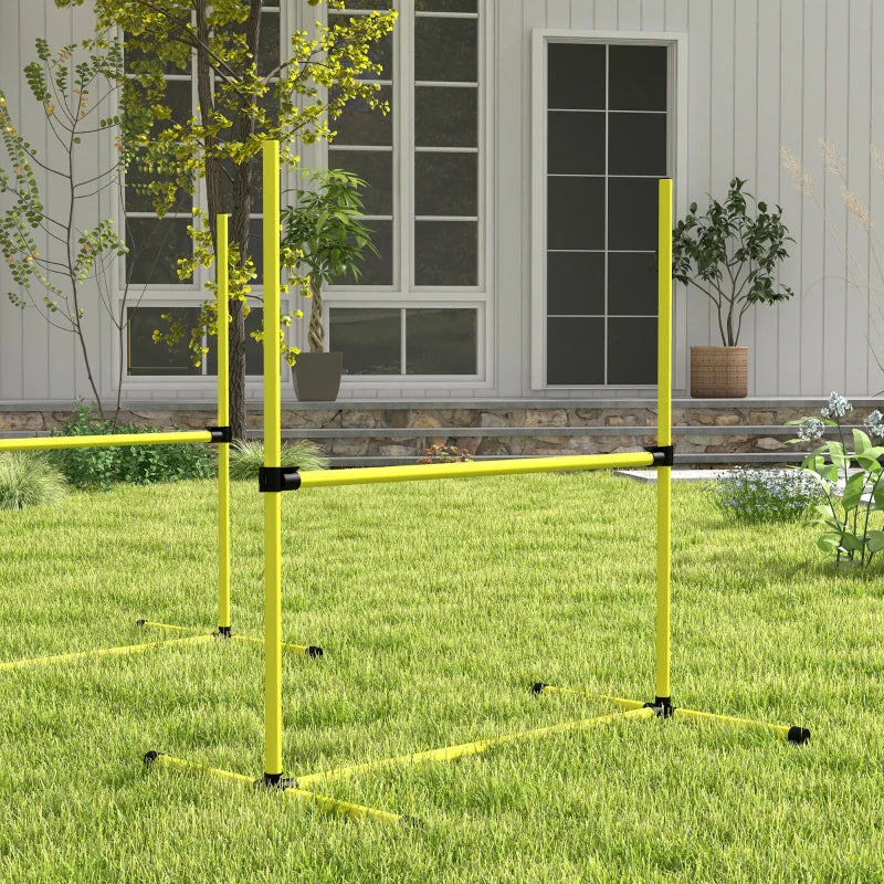 4 Piece Dog Agility Set With Adjustable Height Bars, Carry Bag, Displacing Top Bar, Yellow Yellow