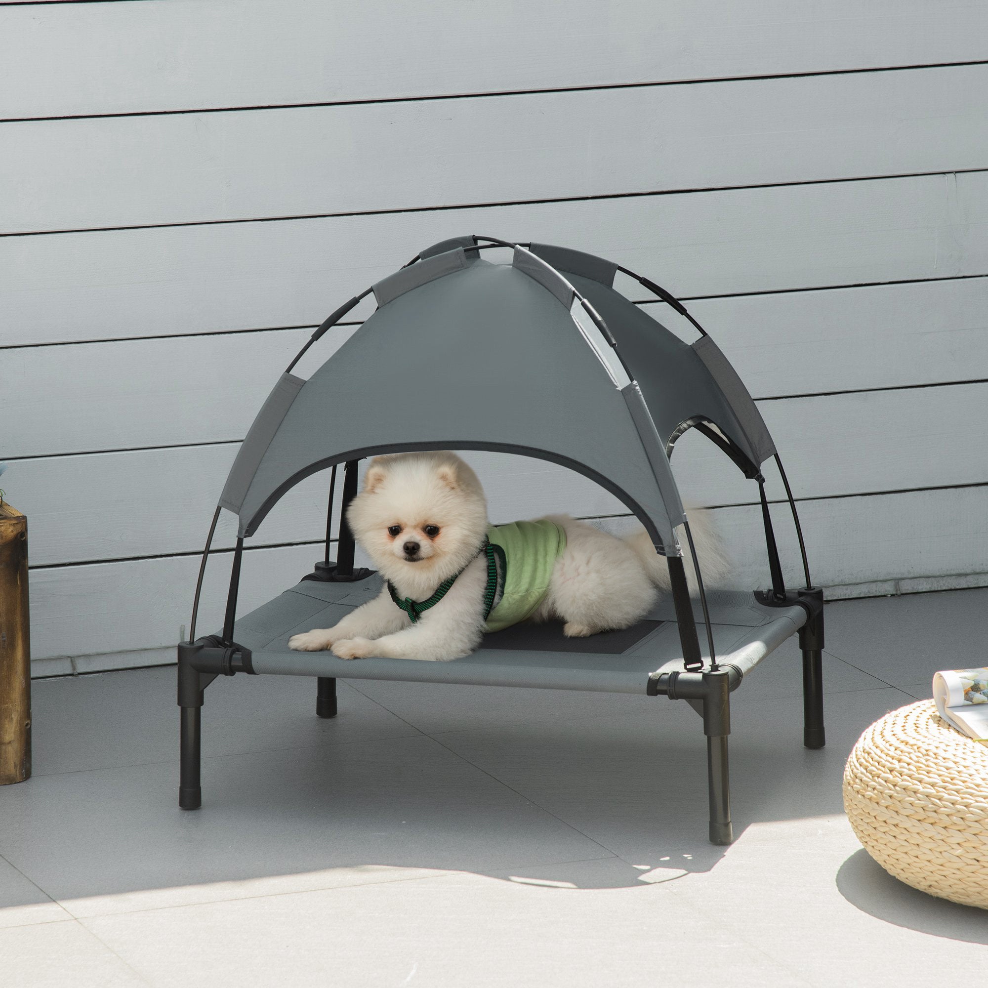 PawHut Raised Dog Bed Waterproof Elevated Pet Cot With Breathable Mesh UV Protection Canopy Grey, For Small Dogs, 61 X 46 X 62cm